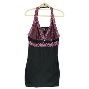 Cinema Etoile‎ Black Pink Lace Sheer Mesh Halter Neck Babydoll & Thong Set XL